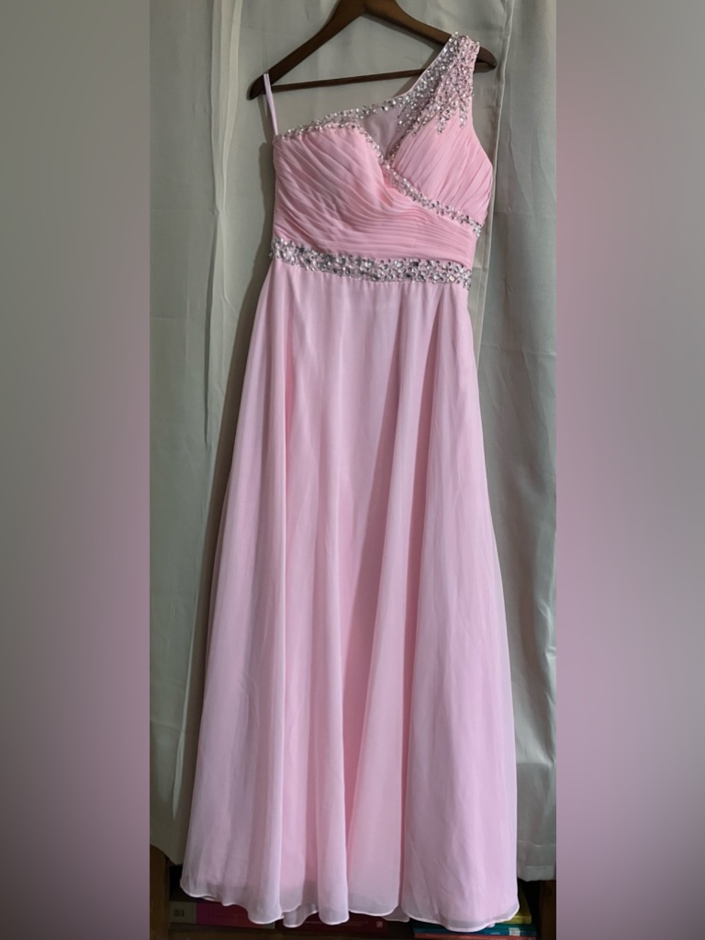 One-Shoulder Light Pink Beaded Prom Gown